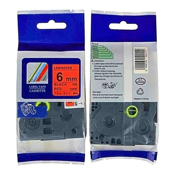 Tonersepeti Brother TZe-411 Kırmızı Üzerine Siyah Muadil Etiket  6mm ürün görseli 1