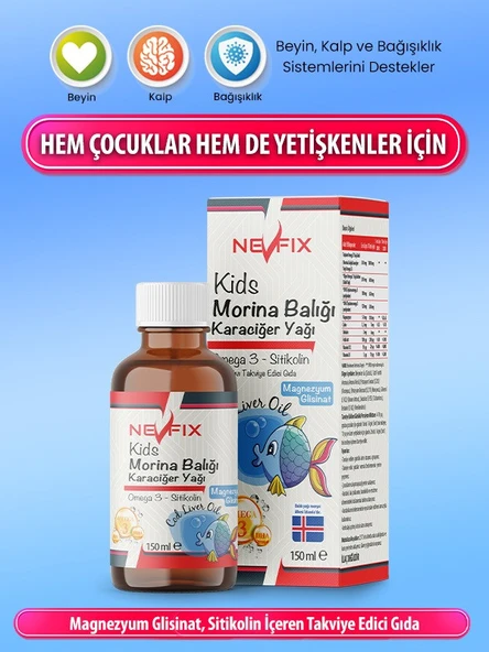 Magnezyum Glisinat Omega 3 Cod Liver Oil 150 Ml Çinko Sitikolin Folik Asit Vitamin D3 ürün görseli 1