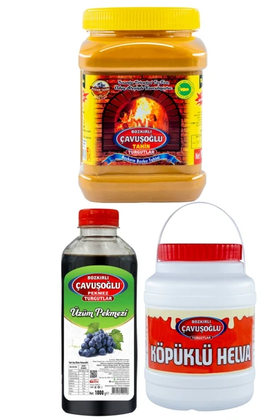 Bozkırlı Çavuşoğlu Odun Ateşinde Kepeksiz Bozkır Tahini 930 g + Üzüm Pekmezi 930g + Köpüklü Helva 930g ürün görseli 1