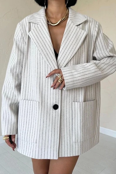Bej Çizgili Oversize Ceket - Resim 3