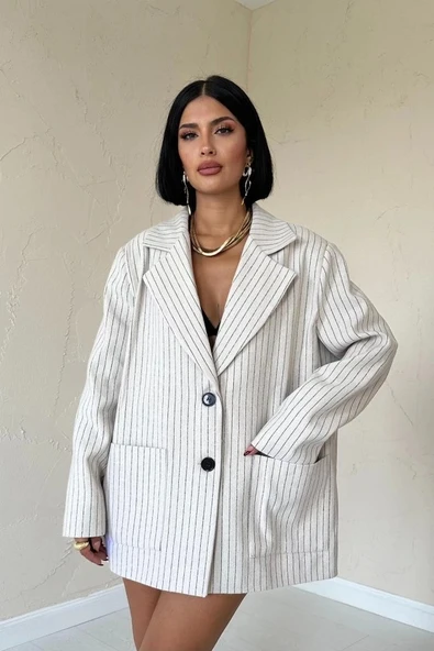 Bej Çizgili Oversize Ceket - Resim 2