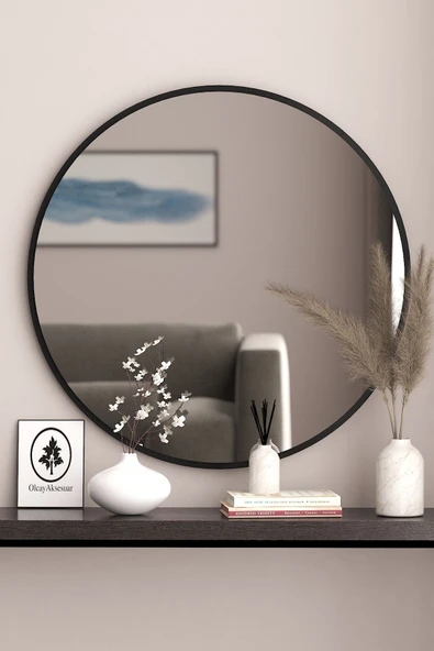 OlcayAksesuar Siyah Dekoratif 58cm Yuvarlak Ayna Antre Hol Koridor Duvar Aynası Salon Mutfak Banyo Wc Ofis Aynası ürün görseli 1