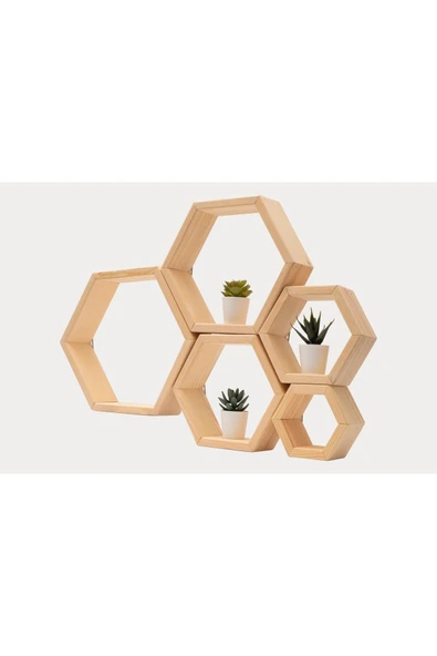 OlcayAksesuar Ahşap Dekoratif 5 Li Altıgen Set Duvar Rafı ürün görseli 1