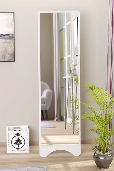 OlcayAksesuar Dikdörtgen Beyaz 120X43 cm Ayaklı Salon Antre Çocuk Odası Banyo WC Yatak Odası Boy Aynası ürün görseli 1