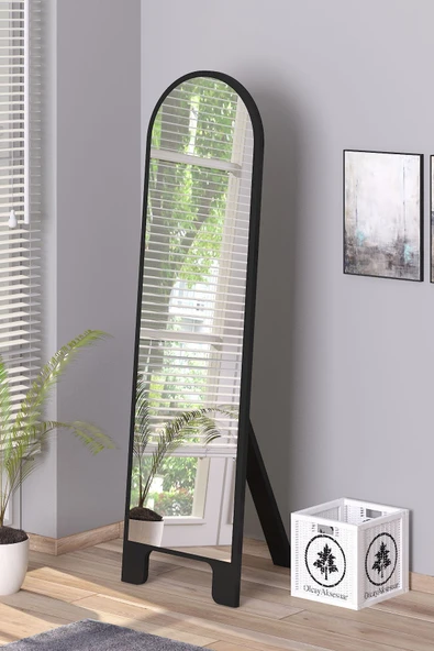 OlcayAksesuar Siyah 150X43 cm Ayaklı Tek Kubbeli Salon Antre Çocuk Odası Banyo WC Yatak Odası Boy Aynası ürün görseli 1