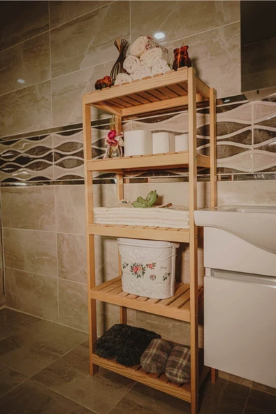 OlcayAksesuar Ahşap Banyo Rafı 5 Raflı Havluluk Sabunluk Dekoratif Raf Dolap Banyo Düzenleyici Çok Amaçlı Raf ürün görseli 1