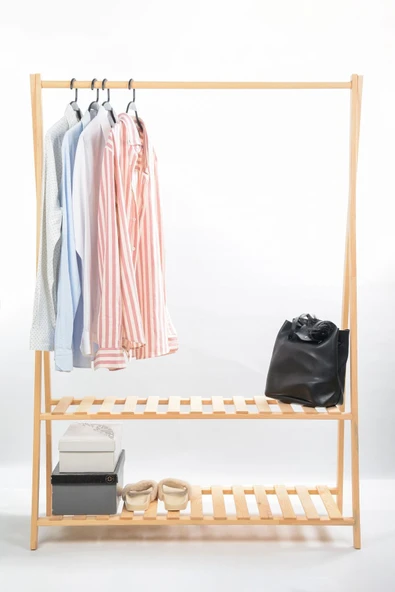 OlcayAksesuar Konfeksiyon Elbise Askılık Iki Raflı 148x105 cm Doğal Ahşap ürün görseli 1