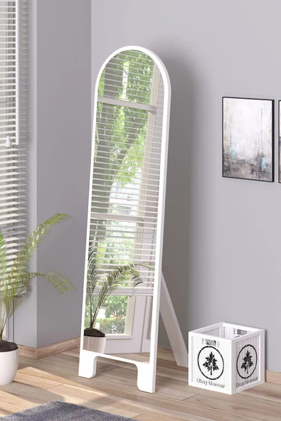 OlcayAksesuar Beyaz 150X43 cm Ayaklı Tek Kubbeli Salon Antre Çocuk Odası Banyo WC Yatak Odası Boy Aynası ürün görseli 1