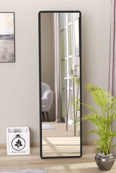 OlcayAksesuar Düz Dikdörtgen Siyah 120X43 cm Ayaklı Salon Antre Çocuk Odası Banyo WC Yatak Odası Boy Aynası ürün görseli 1