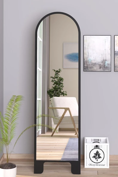 OlcayAksesuar Siyah 120X43 cm Ayaklı Tek Kubbeli Salon Antre Çocuk Odası Banyo WC Yatak Odası Boy Aynası ürün görseli 1