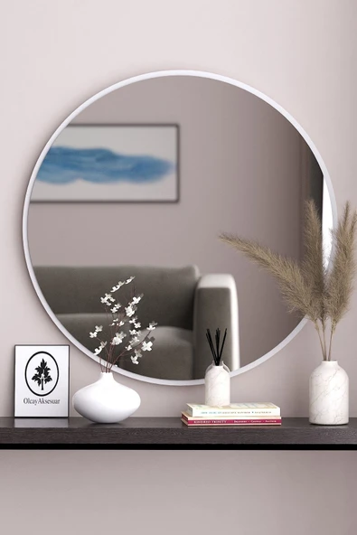 OlcayAksesuar Beyaz Dekoratif 45cm Yuvarlak Ayna Antre Hol Koridor Duvar Aynası Salon Mutfak Banyo Wc Ofis Aynası ürün görseli 1