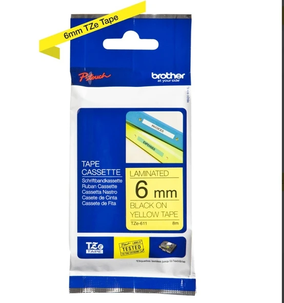 Tonersepeti Brother TZe-611 6mm Sarı üzerine Siyah Laminasyonlu  Etiket ürün görseli 1