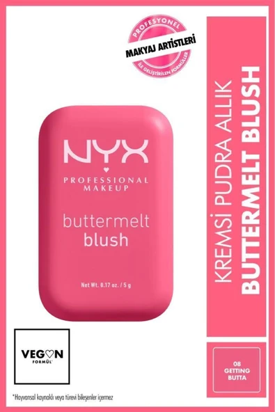 NYX PROFESSİONAL MAKEUP Buttermelt Blush Kremsi Pembe Pudra Allık - 08 Getting Butta ürün görseli 1