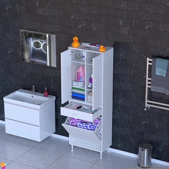 Modilayn YENİ AFRA 55x173x32,5 cm' lik 1 Çekmece, 1 Göz Sepet, 2 Kapak, 6 Raf Dar Alan Banyo Dolabı ürün görseli 1