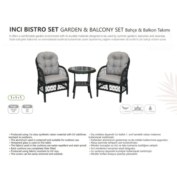 İNCİ FİSKOS SETİ BAHÇE ve BALKON TAKIMI (1+1+1) ürün görseli 1