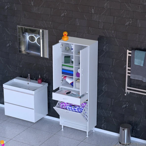 Modilayn YENİ AFRA 55x173x32,5 cm' lik 1 Çekmece, 1 Göz Sepet, 2 Kapak, 8 Raf Dar Alan Banyo Dolabı ürün görseli 1