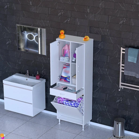Modilayn YENİ AFRA 55x173x32,5 cm' lik 1 Çekmece, 1 Göz Sepet, 2 Kapak, 4 Raf Banyo Dolabı ürün görseli 1