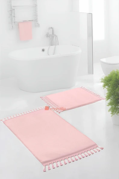 Simirna Ponpon Saçaklı Peluş Yıkanabilir Kaymaz Banyo Paspası 2'li Klozet Takımı Pembe ürün görseli 1
