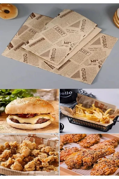 50 Adet Retro Hamburger Kızartma Servis Kağıdı Yağlı Kağıt Vintage Gazete Desen Sunum Kağıdı 26x36cm ürün görseli 1
