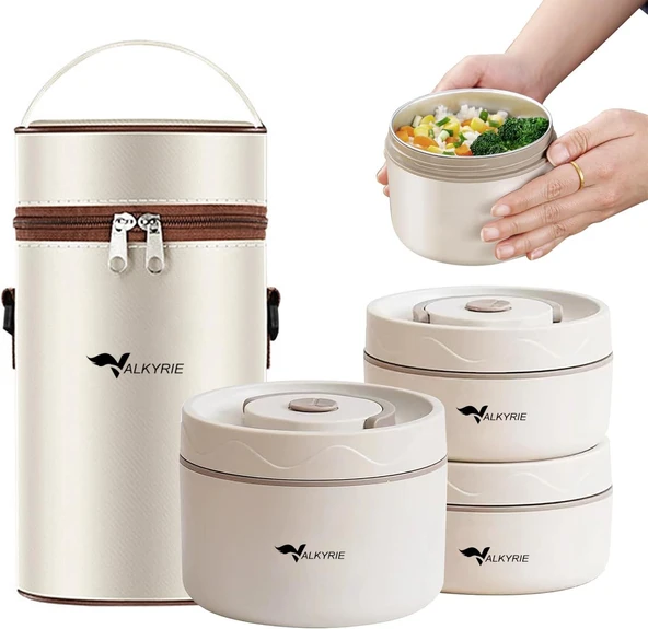 Valkyrie 3 Gözlü Paslanmaz Çelik Isı Yalıtımlı Yemek Kabı Seti Çantalı 304 Steel 2 x 420ml + 550ml ürün görseli 1