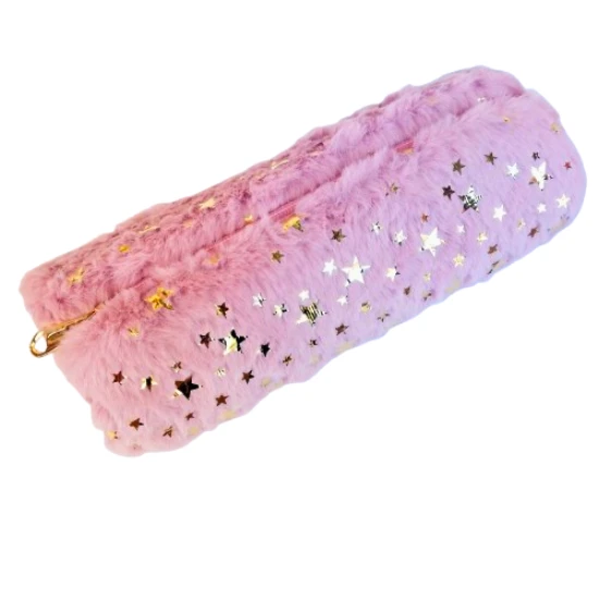 peluş kalemlik silindir tek bölmeli pudra pembe,  astarlı ürün görseli 1