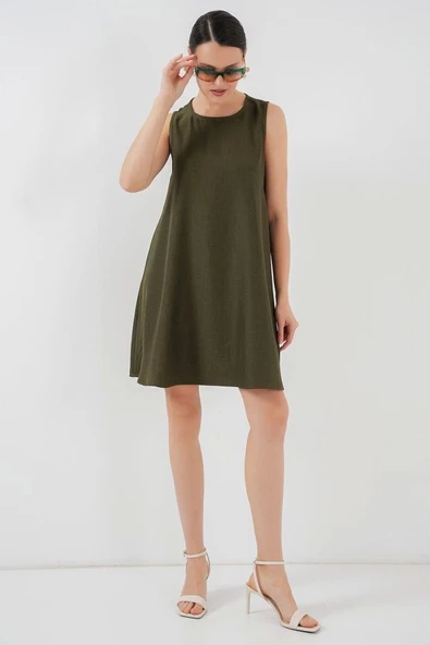 2444 Mini Keten Elbise - Haki - Resim 3