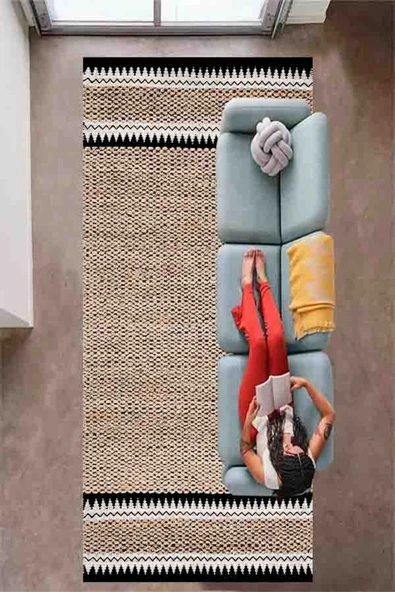 Dijital Baskı Jüt Görünümlü, Siyah Hasır Halı, Makinede Yıkanabilir Salon Halısı Yolluk ürün görseli 1