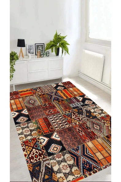 Patchwork Kilim Desen Halı, Eskitme Desen Halı, Bohem Halı, Dijital Baskı Halı, Yıkanabilir Halı, ürün görseli 1