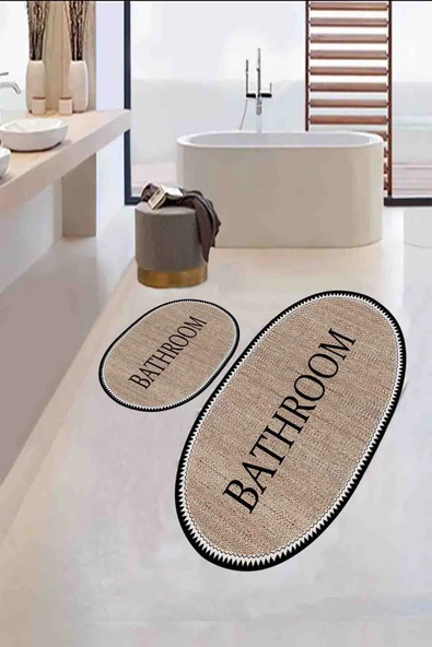 Kaymaz  Yıkanabilir Banyo paspası, Bathroom Yazılı, Estetik, Oval, Jüt Görünümlü Paspas ürün görseli 1