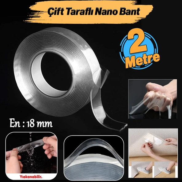 Çift Taraflı Nano Bant Güçlü Yapıştırma Bandı Şeffaf 18 mm x 2 Metre Suya Dayanıklı Yıkanabilir ürün görseli 1