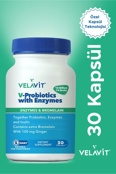 VELAVİT V-Probiotics with Enzymes Takviye Edici Gıda 30 Kapsül ürün görseli 1