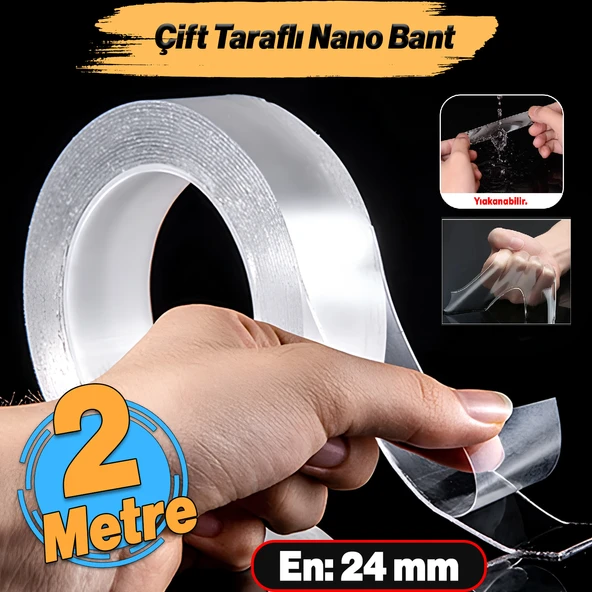 Çift Taraflı Nano Bant Montaj Çok Amaçlı Güçlü Yapıştırma Bandı Şeffaf 24 mm x 2 Metre Yıkanabilir ürün görseli 1