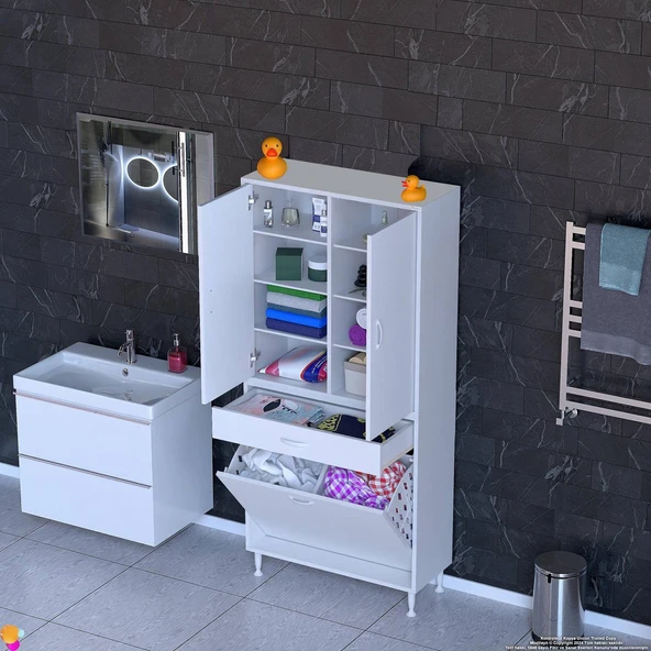 Modilayn YENİ AFRA 85x173x32,5 cm' lik 1 Çekmece, 2 Göz Sepet, 2 Kapak, 8 Raf Dar Alan Banyo Dolabı ürün görseli 1