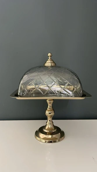LAMEDORE KARE AYAKLI CAM KAPAKLI KEK STANDI GOLD 24X24X35 CM ürün görseli 1