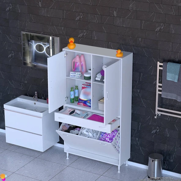 Modilayn YENİ AFRA 95x173x32,5 cm' lik 1 Çekmece, 3 Göz Sepet, 2 Kapak, 4 Raf Dar Alan Banyo Dolabı ürün görseli 1