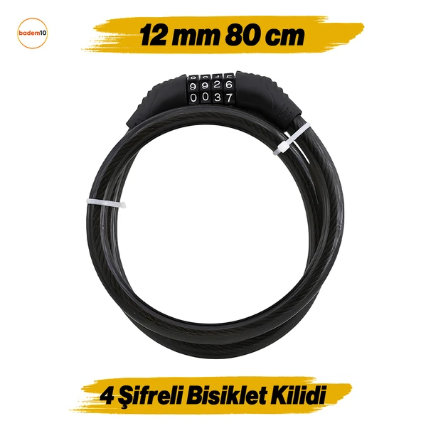 Şifreli Bisiklet Halat Zincir Kilidi 80 cm Çelik Kilit Çap 12 mm Ø  Hırsız Önleme Güvenlik 1 Adet ürün görseli 1