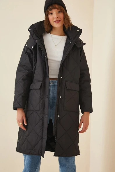 Kadın Siyah Kapüşonlu Kapitone Oversize Kaban Fn02916 ürün görseli 1