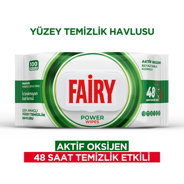 Fairy Power Wipes Aktif Oksijen Yüzey Temizleme Mendili 100 Yaprak | Beyaz Sabun | Beyaz Sirke & Karbonat ürün görseli 1