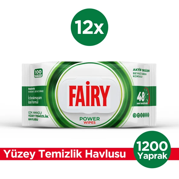 Fairy Power Wipes Yüzey Temizleme Mendili 100 Yaprak 12 Adet | Beyaz Sabun | Beyaz Sirke & Karbonat ürün görseli 1