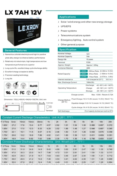 Lexron 7A - 12V  Kuru Tip Akü  Agm Akü - Resim 2