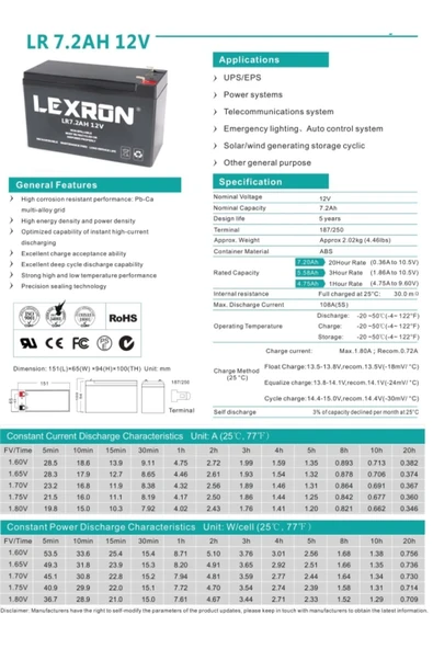 Lexron 7.2A - 12V  Kuru Tip Akü (Agm Akü) - Resim 2