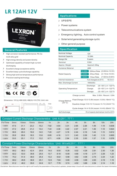 Lexron 12A - 12V  Kuru Tip Akü (Agm Akü) - Resim 2