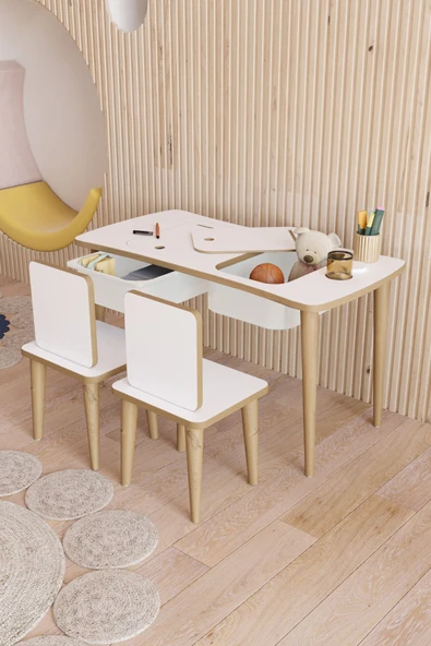 Fahrettin Küçük Montessori Çocuk Masası Oyun Masası Aktivite Masası Çalışma Masası - 2 Adet Sandalyeli 45x90 Cm ürün görseli 1