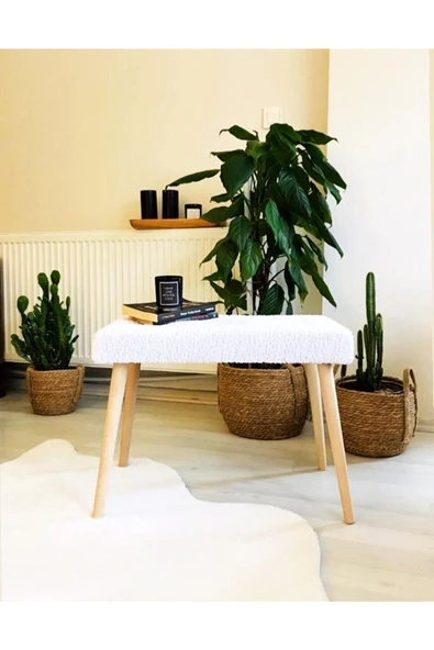 Fahrettin Küçük Gürgen Retro Ahşap Ayaklı Handmade Beyaz Pofidik Puf Bench Koltuk Sandalye ürün görseli 1
