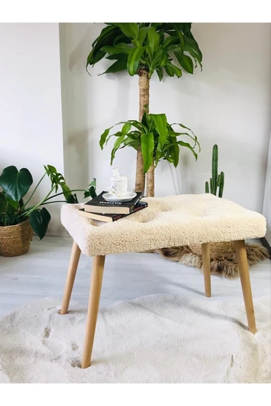 Fahrettin Küçük Gürgen Retro Ahşap Ayaklı Handmade Krem Pofidik Puf Bench Koltuk Sandalye ürün görseli 1
