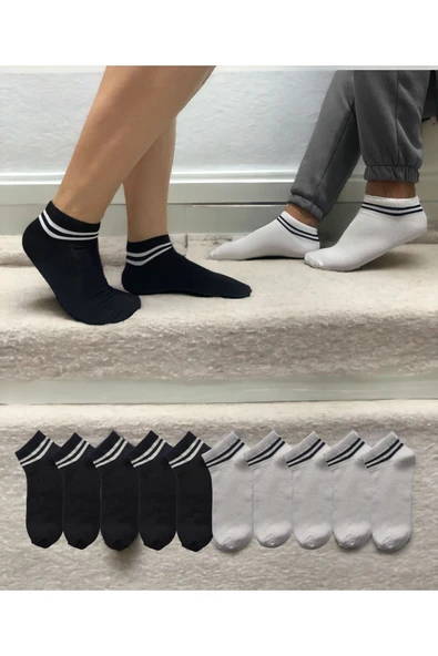 10 Çift Unisex Şeritli Siyah Ve Beyaz Karışık Patik Çorap ürün görseli 1