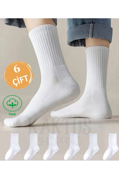 6 Çift Beyaz Unisex Uzun Tenis Kolej Çorap ürün görseli 1
