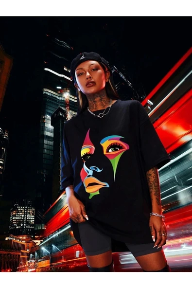 Unisex Siyah FACE - FREEDOM Baskılı Oversize Penye T-shirt ürün görseli 1