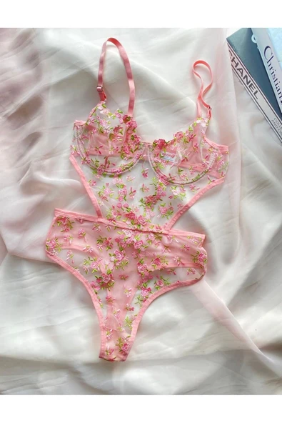 Nakış İşlemeli Çiçek Desenli Pembe Bodysuit ürün görseli 1