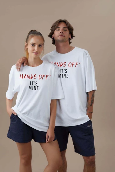HANDS OFF! Baskılı Unisex Oversize Penye T-shirt ürün görseli 1